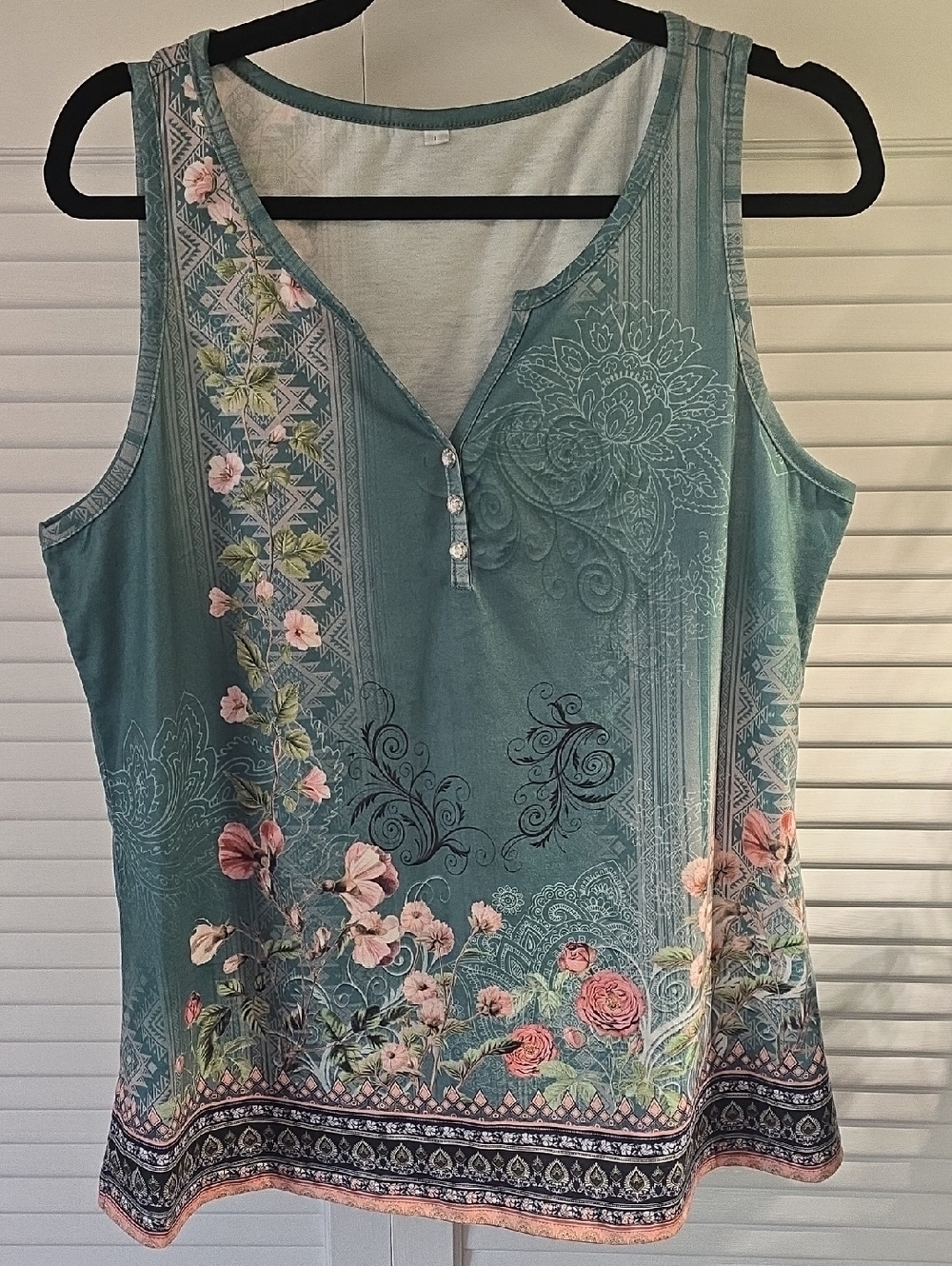 Floral Henley Tank Top - Teal Green